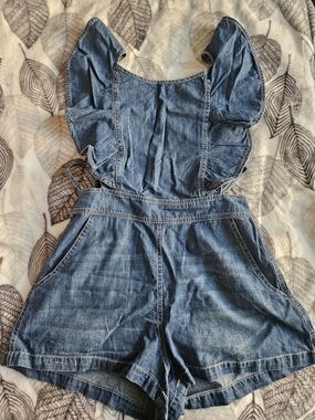 Denim Ruffle Shoulder Strappy Backless Romper